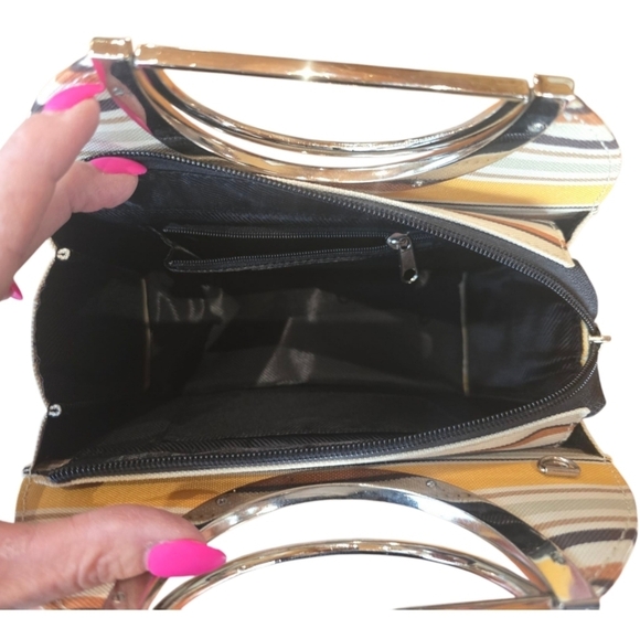 Top Handle Canvas Brown Yellow Cream Stripe Handbag - Picture 9 of 9